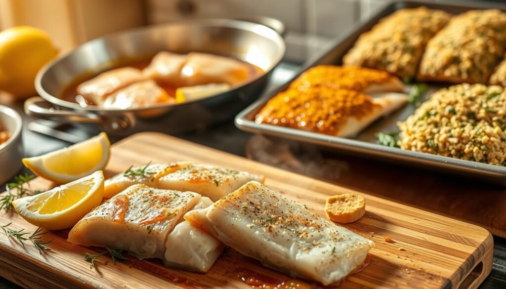 Detailed close-up view of a cooking station showcasing various tilapia preparation methods. In the foreground, a cutting board with freshly filleted tilapia, garnished with lemon wedges and sprigs of fresh herbs. In the middle ground, a sizzling pan with tilapia fillets being pan-seared, bathed in a glistening golden-brown sauce. In the background, a baking tray with tilapia fillets topped with a breadcrumb and herb crust, ready to be baked. Warm, natural lighting illuminates the scene, creating a cozy, inviting atmosphere. The overall composition highlights the versatility of tilapia and the different techniques for preparing this flavorful, nutrient-rich fish.