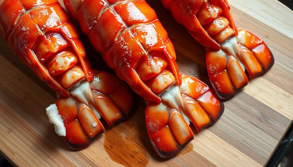 Detailed closeup of thawing frozen lobster tails on a wooden cutting board, shot from an overhead angle with natural lighting. The lobster tails are glistening and partially unfurled, revealing their orange-red color and firm, meaty texture. The background is softly blurred, allowing the tails to be the primary focus. A subtle reflection of the tails can be seen on the smooth, polished wood surface. The overall mood is one of anticipation and preparation, setting the stage for the upcoming culinary process.
