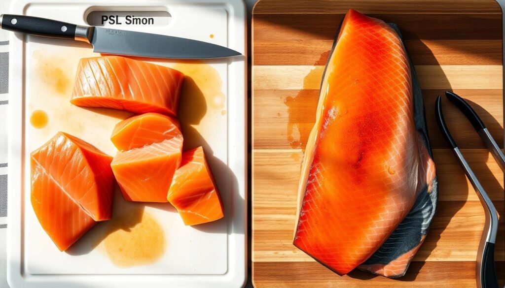 Detailed, high-quality image of two cutting boards side-by-side, one with fresh salmon fillets and the other with a whole salmon. Bright, natural lighting illuminates the scene, casting soft shadows. The fillets have a glistening, moist surface, while the whole salmon displays its vibrant skin and firm flesh. Carefully arranged kitchen tools, such as a sharp fillet knife and a pair of kitchen tongs, are positioned nearby, suggesting the preparation process. The overall composition emphasizes the contrast between the compact, portioned fillets and the impressive, full-bodied salmon, capturing the essence of the "Cooking Salmon Fillets vs. Whole Salmon" topic.