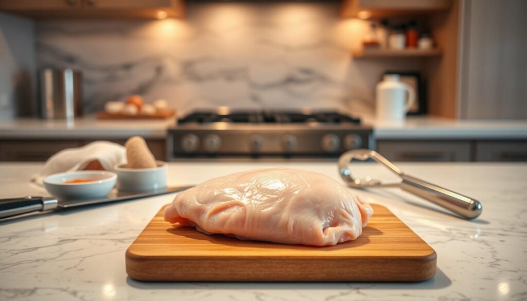 Elegant kitchen countertop, softly illuminated by warm overhead lighting. In the foreground, a fresh chicken breast rests on a wooden cutting board, its juicy texture and pale pink hue inviting. Surrounding it, an assortment of cooking tools - a sharp chef's knife, a small bowl of spices, and a pair of tongs, all poised and ready for the preparation. In the background, glimpses of a modern stainless-steel appliance and a neatly organized spice rack, creating a sense of culinary prowess and attention to detail. The scene exudes a calm, focused atmosphere, setting the stage for the upcoming air frying process.