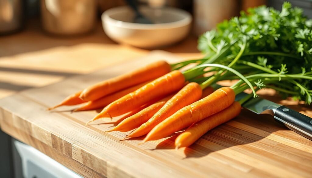 High-resolution photo of a wooden cutting board on a kitchen counter, with fresh carrots arranged neatly in the foreground. Warm, natural lighting casts soft shadows, creating a calm, inviting atmosphere. The carrots are clean, vibrant in color, and ready to be peeled and chopped for cooking. A sharp chef's knife is positioned next to the carrots, hinting at the next step in the preparation process. The background is slightly blurred, keeping the focus on the carrots as the central subject.