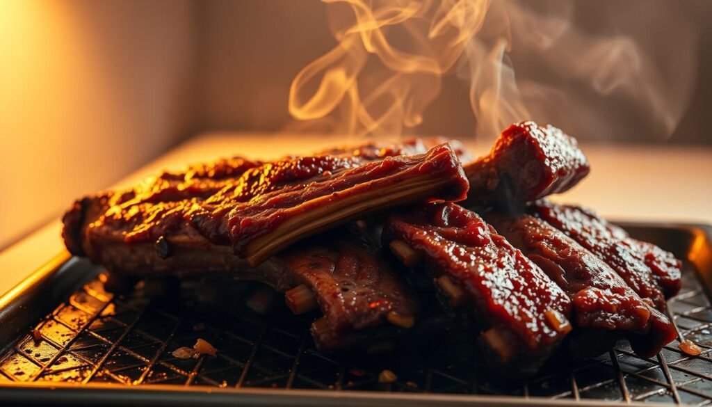 Oven-baked spare ribs sizzling on a metal baking tray, the surface glistening with a caramelized glaze. Wisps of aromatic smoke curl upwards, casting a warm, rustic ambiance. The ribs are arranged in a neat, overlapping pattern, revealing their tender, fall-off-the-bone texture. Warm, golden lighting casts dramatic shadows, highlighting the intricate patterns of the bone structure and the burnished, mahogany-colored meat. The background is a clean, minimalist kitchen setting, with a subtly blurred, neutral backdrop that allows the ribs to take center stage.
