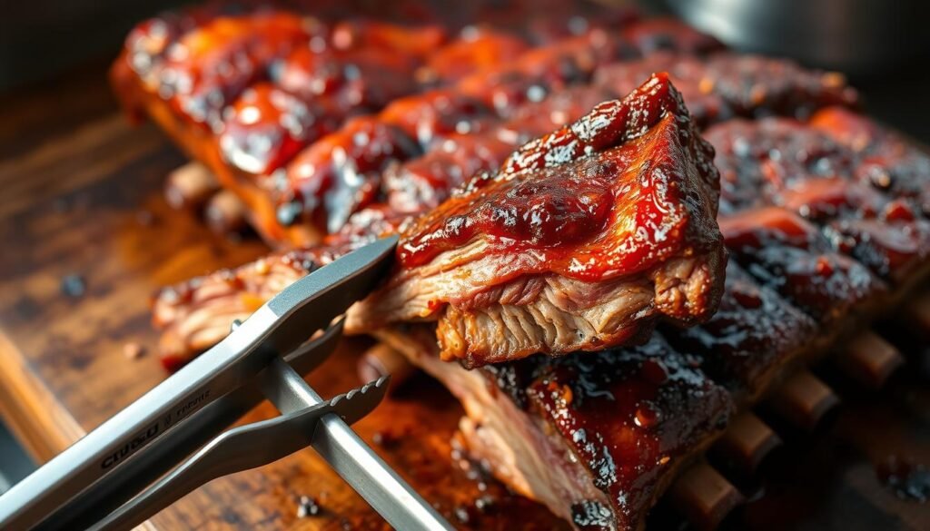 Perfectly cooked beef ribs, glistening with a rich, caramelized glaze, resting on a rustic wooden surface. The ribs are tender, with a slight "tug" that gives way to the bite, hinting at the fall-off-the-bone doneness to come. Warm, natural lighting casts a soft, inviting glow, highlighting the complex textures and mouthwatering hues. In the foreground, a pair of tongs gently grasp a rib, ready to showcase the desired level of tenderness. The background is subtly blurred, allowing the viewer's focus to remain on the star of the scene - the perfectly cooked beef ribs.
