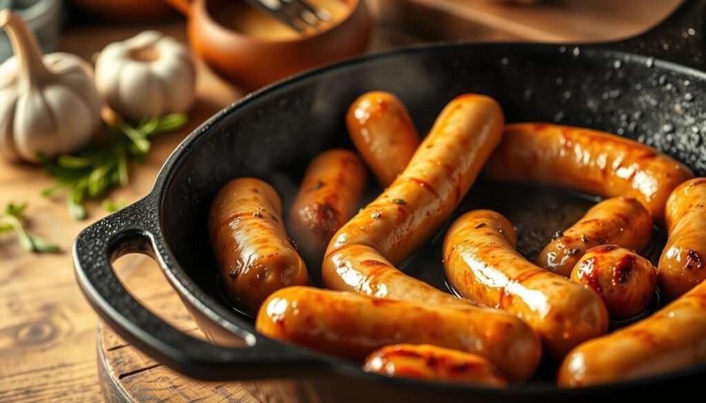 Sautéing Italian Sausage: A close-up, high-resolution image of a cast-iron skillet on a rustic wooden surface, filled with sizzling, golden-brown Italian sausage links. The sausages are glistening with a light coating of olive oil, their natural casing slightly charred and crispy at the edges. The background is softly blurred, creating a warm, cozy atmosphere, with hints of fresh herbs and garlic in the periphery. The lighting is warm and natural, casting gentle shadows and highlights on the sausages, conveying the satisfying aroma and texture of the dish. The angle is slightly elevated, providing a compelling, mouthwatering view of the sausage preparation process.