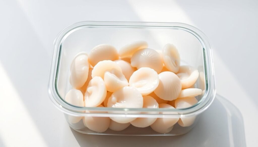 Storage scallops, fresh seafood nestled in a pristine glass container, illuminated by soft, diffused natural lighting. The scallops are neatly arranged, showcasing their delicate, translucent shells and glistening white flesh. The container sits atop a clean, minimalist surface, creating a serene and uncluttered composition. The overall mood is one of culinary simplicity and food preservation, inviting the viewer to consider the best practices for storing these delicate shellfish. The camera angle is slightly elevated, providing a clear, unobstructed view of the contents, capturing the essence of this crucial step in the recipe preparation process.