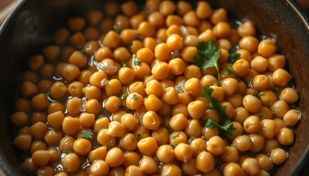 Stovetop chickpeas simmering in a cast-iron skillet, with a light golden hue. Garlic, onions, and cumin sizzling in the pan, filling the air with an aromatic blend. Droplets of olive oil glistening on the tender legumes, accented by a sprinkling of fresh parsley. The scene is bathed in warm, diffused lighting, creating a cozy, homemade atmosphere. The camera angle is slightly elevated, capturing the contents of the pan in a visually appealing, top-down perspective.