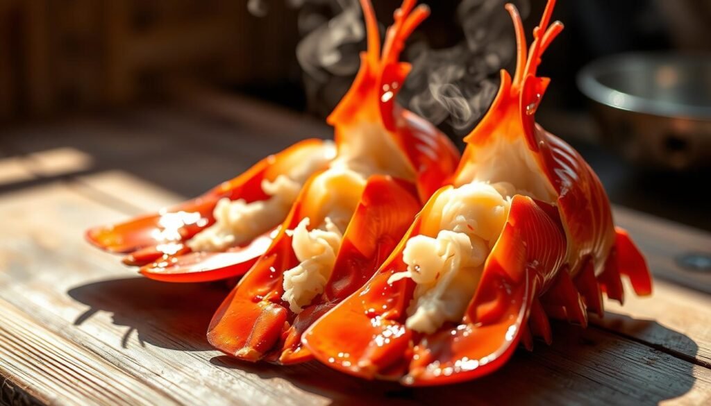 Succulent steaming lobster tails, their vibrant orange shells glistening under warm, natural lighting. Delicate meat poised to be deliciously extracted, the tails positioned atop a rustic wooden surface, casting long shadows. Wisps of fragrant steam rise from the shells, hinting at the tender, juicy interior. The scene is captured with a shallow depth of field, focusing the viewer's attention on the luscious, mouth-watering lobster tails, while the background remains pleasantly blurred, creating a cozy, intimate atmosphere.