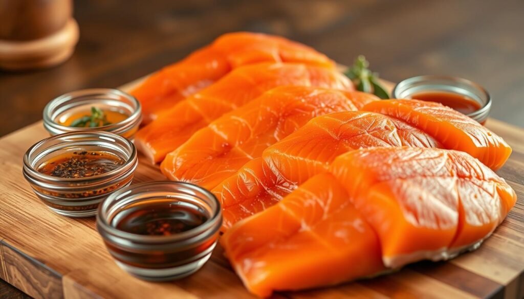 a close-up shot of several salmon fillets arranged on a wooden cutting board, with various marinades and seasonings surrounding them. The salmon is glistening with a rich, vibrant orange hue, and the marinades are displayed in small glass bowls, showcasing their diverse colors and textures. The lighting is warm and natural, casting a soft, even glow across the scene. The background is slightly blurred, creating a focus on the salmon and the accompanying flavors. The overall composition conveys a sense of culinary expertise and the potential for enhancing the flavor and seasoning of the salmon.