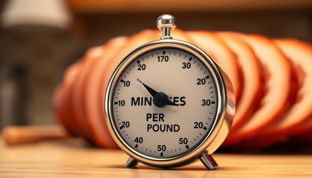 a realistic digital illustration of an analog kitchen timer showing the text "MINUTES PER POUND" on its face, with a spiral ham in the background. the timer is in the foreground, with a clean, well-lit composition, using a shallow depth of field to emphasize the timer. the lighting is warm and inviting, creating a cozy, domestic atmosphere. the spiral ham is out of focus in the background, but clearly visible, reinforcing the theme of the "minutes per pound" concept for cooking a spiral ham. the overall style is photorealistic with a touch of stylization, creating a visually appealing and informative image.