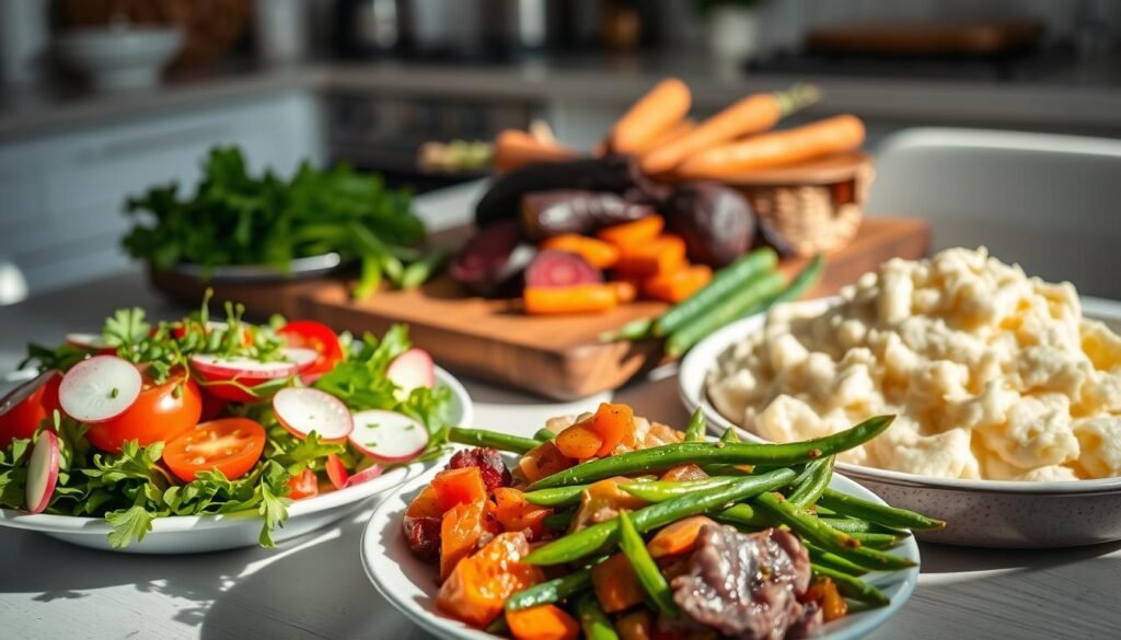 A beautifully arranged dining table showcasing an assortment of colorful and flavorful side dishes that complement beef liver. In the foreground, a vibrant salad with fresh greens, cherry tomatoes, and thinly sliced radishes, drizzled with a light vinaigrette. Next to it, a creamy mashed potato dish topped with fresh chives, and sautéed green beans with garlic and lemon. In the middle ground, a rustic wooden serving board holds roasted root vegetables, including carrots and beets, providing a warm, inviting contrast. Soft, natural lighting highlights the textures and colors of the dishes, casting gentle shadows. In the background, a blurred kitchen scene evokes an atmosphere of home-cooked warmth and culinary creativity. The overall mood is inviting and appetizing, perfect for food enthusiasts.