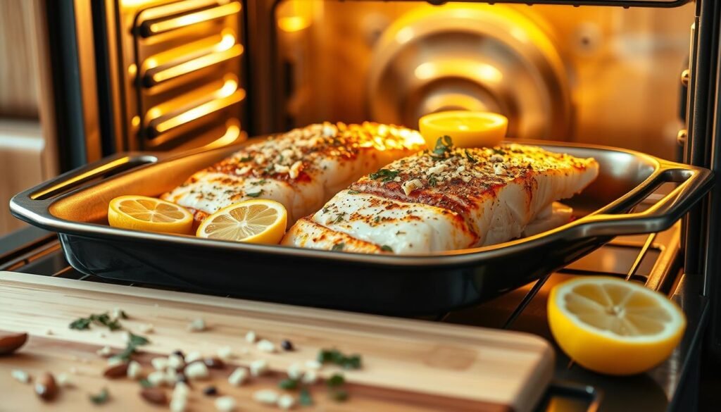 A beautifully arranged dish of baked swordfish fillets garnished with fresh lemon slices and minced garlic, placed in a shiny, ready-to-use oven. The swordfish has a perfectly golden crust, showing hints of caramelization from the heat, while the moist, flaky interior is visible. In the foreground, there is a wooden cutting board with scattered herbs and spices, suggesting preparation. The middle ground features the oven with its door slightly open, warm light illuminating the fish. The background includes a cozy kitchen setting with warm wood finishes. The scene is bright and inviting, evoking a sense of home-cooked comfort, with soft, diffused lighting emphasizing the vibrant colors of the fish and garnishes.