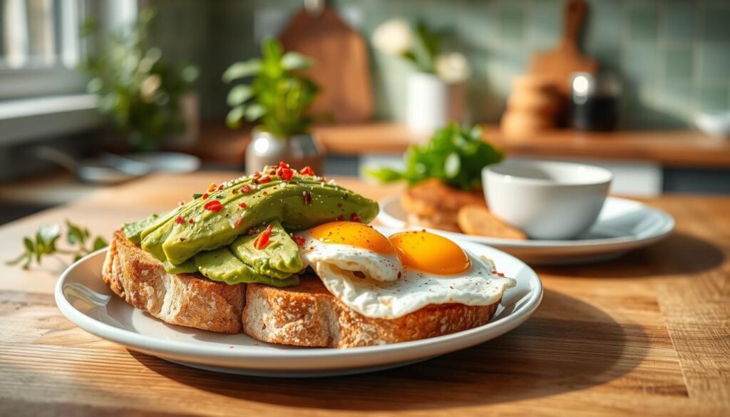 A beautifully arranged plate of avocado toast sits prominently in the foreground, showcasing thick slices of golden-brown, artisan bread topped with a generous spread of ripe, creamy avocado, garnished with a sprinkle of flaky sea salt, crushed red pepper flakes, and a drizzle of zesty olive oil. Nestled next to the toast are two perfectly cooked over easy eggs with runny yolks, their bright yellow color contrasting against the green of the avocado. In the middle ground, a rustic wooden table adds warmth, while a delicate white plate complements the dish. Soft, natural light streams in from a nearby window, creating gentle highlights and shadows, evoking a cozy, inviting breakfast atmosphere. The background features blurred kitchen elements, such as herb plants and a light green backsplash, enriching the scene with homely charm.