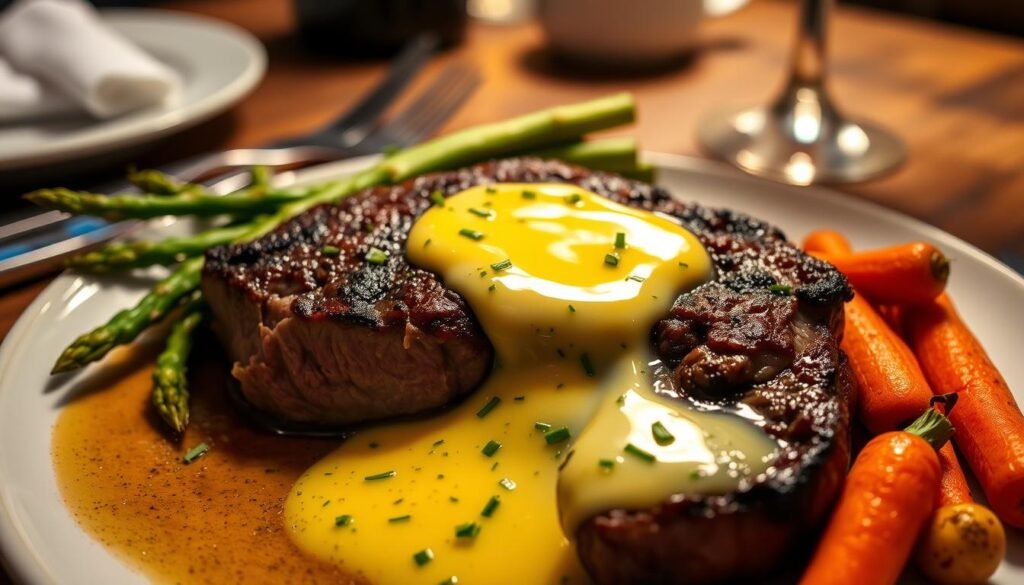 A beautifully arranged plate of compound butter sauce, melting over a perfectly cooked filet mignon, glistens invitingly. In the foreground, the rich, melted butter is infused with fresh herbs like parsley and chives, small flecks of garlic visible, creating a vibrant contrast against the golden sauce. The filet mignon, seared to perfection with a caramelized crust, is plated alongside seasonal roasted vegetables, vibrant green asparagus, and colorful baby carrots, adding visual appeal. Soft, warm lighting casts a gentle glow, enhancing the textures of the butter and meat. The background features a rustic wooden table, elegantly set with cutlery and a glass of red wine, creating a cozy, upscale steakhouse atmosphere, evoking a sense of culinary sophistication and indulgence.