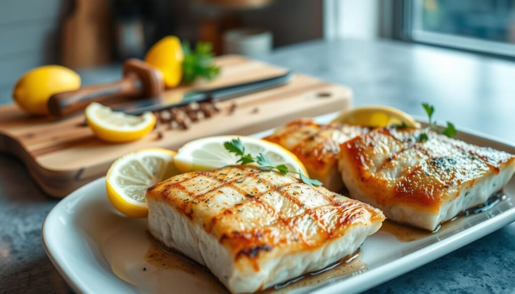 A beautifully arranged plate of swordfish steaks, showcasing thick, juicy fillets with a perfectly seared golden crust. The foreground features the steaks garnished with fresh herbs and lemon wedges, highlighting their moist texture and vibrant color. In the middle ground, a rustic wooden cutting board displays a knife and some spices, suggesting a home cooking atmosphere. The background includes a softly blurred kitchen setting with warm, natural lighting, creating a cozy, inviting mood. The angle is slightly top-down, emphasizing the details of the meal while providing an appetizing view. The overall scene inspires a sense of warmth and culinary excitement.