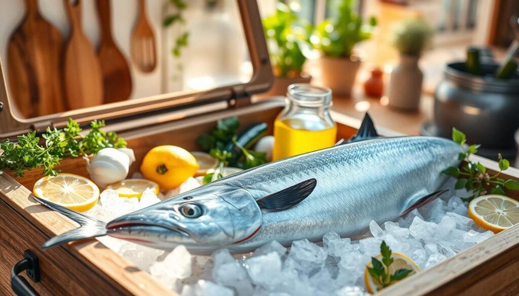 A beautifully arranged scene featuring a fresh swordfish stored on a bed of ice in a rustic wooden cooler. In the foreground, the fish displays its distinct sleek body with shimmering scales that reflect light. Surrounding the swordfish are fresh herbs and lemon slices, emphasizing its culinary potential. In the middle, the cooler is partially opened, showcasing additional ingredients like garlic and olive oil, suggesting a cooking setup. The background is softly blurred, hinting at a sunlit kitchen filled with subtle details, like hanging utensils and potted herbs, creating a warm and inviting atmosphere. The lighting is bright and natural, evoking a feeling of freshness and cleanliness, perfect for a food illustration. The camera angle is slightly above and to the side, offering a dynamic view of the swordfish and its surroundings.