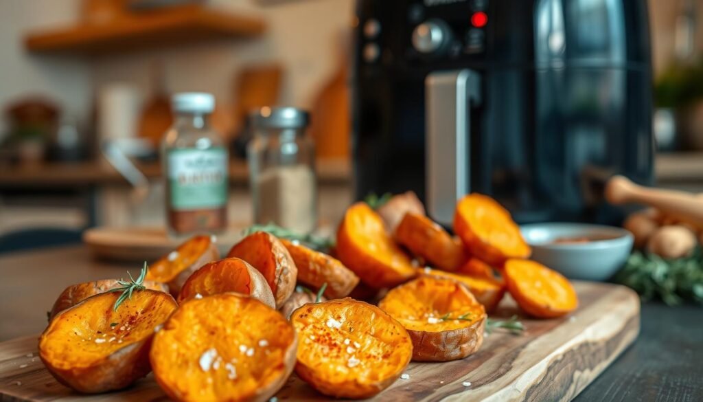 A beautifully arranged scene featuring cooked air fryer sweet potatoes, golden and crispy with a sprinkle of salt and paprika, sitting on a rustic wooden cutting board. In the foreground, showcase a close-up of the sweet potatoes, some halved to reveal their creamy interior, garnished with fresh herbs like rosemary and thyme. In the middle ground, include an air fryer prominently displayed, with a few seasonings like garlic powder and cayenne pepper artfully scattered around. The background should have a soft-focus kitchen setting with warm, inviting lighting that enhances the cozy atmosphere. Use a shallow depth of field to keep the focus on the sweet potatoes while softly blurring out the kitchen elements. The overall mood should feel homey and appetizing, inviting readers to try making this dish.