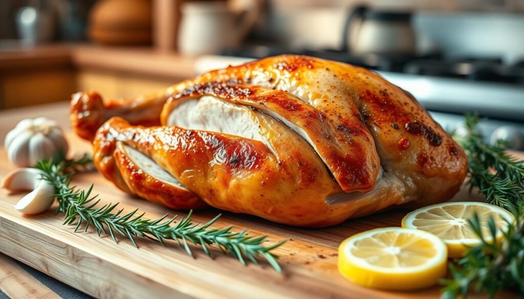A beautifully arranged scene showcasing a succulent, boneless turkey breast resting on a wooden cutting board. The turkey is perfectly cooked, with a golden-brown, crispy skin that glistens under soft, warm kitchen lighting. Surrounding the turkey are fresh herbs like rosemary and thyme, along with garlic cloves and slices of lemon, emphasizing the seasoning essentials for tender, moist meat. In the background, a rustic kitchen setting with a blurred glimpse of a stove and cooking utensils creates an inviting atmosphere. The focus is sharp on the turkey breast, with a slight depth of field effect, capturing its juiciness and inviting texture. The overall mood is warm and cozy, conveying a sense of home-cooked comfort.