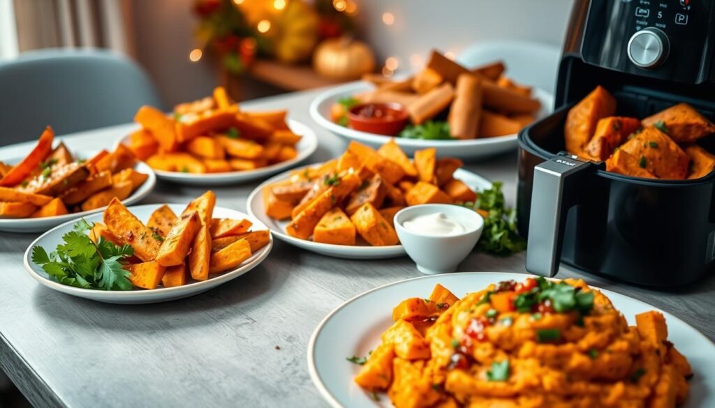 A beautifully arranged table featuring a variety of cooked sweet potatoes prepared in an air fryer, showcasing different serving suggestions. In the foreground, vibrant plates filled with seasoned sweet potato wedges, whole roasted sweet potatoes, and sweet potato mash garnished with fresh herbs and spices. The middle ground includes small bowls of dipping sauces, like garlic aioli and spicy salsa, and a salad dressed with a light vinaigrette. The background features soft, warm lighting, creating a cozy atmosphere, with subtle hints of autumnal decorations. The image is captured with a shallow depth of field to focus on the succulent dishes while blurring the background slightly, adding a touch of elegance.