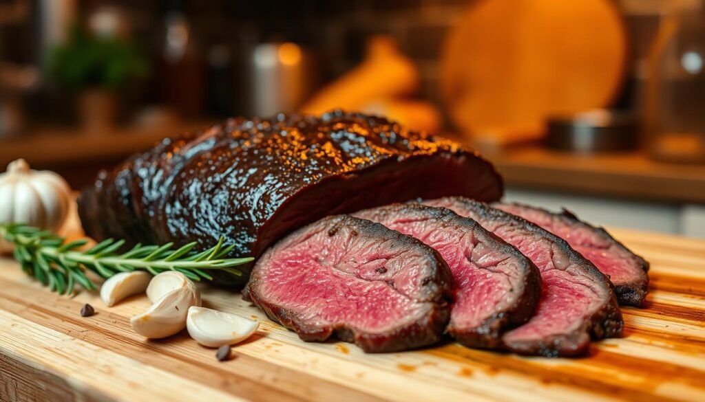 A beautifully cooked beef liver, perfectly tender and glistening, sits atop a wooden cutting board. The liver is cut into thick slices, showcasing its rich, deep brown color with a slightly pink center, indicating just the right level of doneness. Juicy aromatics like garlic and fresh herbs, such as rosemary and thyme, are artfully scattered around the liver, hinting at the flavor enhancements used in cooking. In the background, a softly blurred kitchen scene with warm lighting creates an inviting atmosphere. A high-quality lens captures the texture of the liver, with a shallow depth of field emphasizing the subject while the warm glow of the overhead light enhances its glossy surface. The overall mood is cozy and appetizing, perfect for a culinary guide.