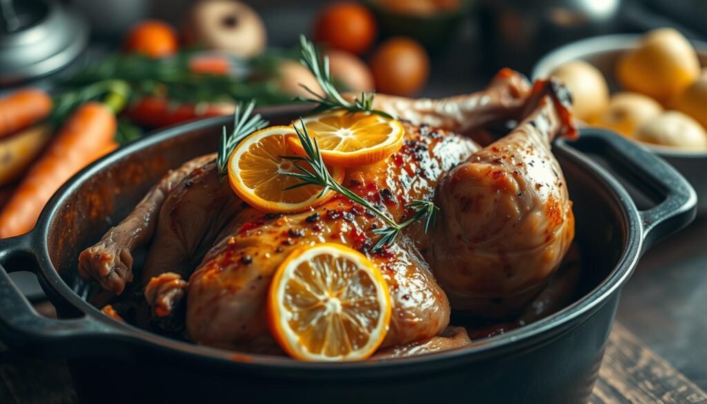 A beautifully cooked boneless turkey breast, golden brown and succulent, resting in a rustic Dutch oven. The turkey is garnished with vibrant citrus slices—orange, lemon, and lime—along with fresh herbs like rosemary and thyme that accentuate the dish. In the background, blurred seasonal veggies such as carrots and potatoes peeking through, adding color and depth. Warm, inviting lighting enhances the inviting atmosphere, with soft shadows creating a cozy, home-cooked feel. A slightly elevated angle captures the texture of the juicy turkey and the glistening herbs, making it the centerpiece of an intimate kitchen setting. The overall mood is welcoming and appetizing, perfect for a holiday feast.