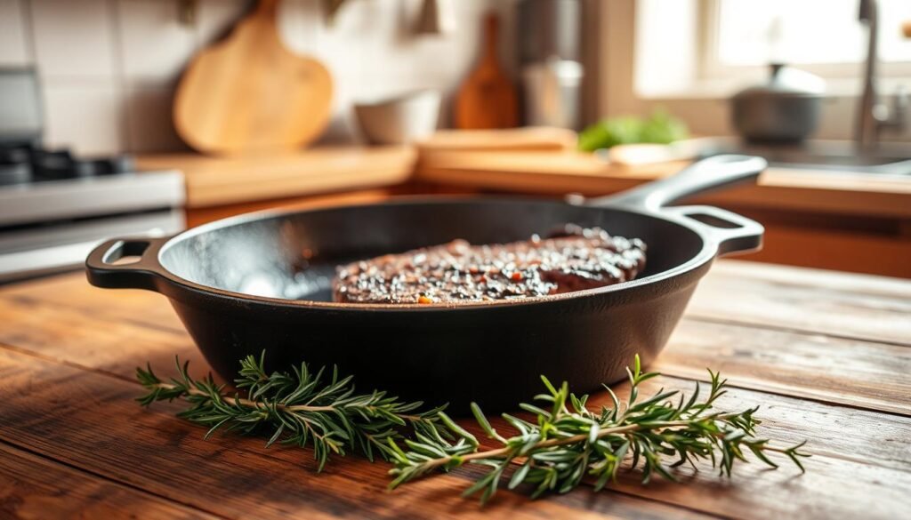 A beautifully crafted cast iron skillet sits on a rustic wooden kitchen counter, glimmering with a light sheen of oil. The skillet's textured surface showcases its seasoned finish, with the heat radiating slightly visible. In the foreground, a handful of vibrant fresh herbs—like rosemary and thyme—are artfully arranged beside it, hinting at flavors about to be unleashed. In the middle ground, a perfectly cut filet mignon, marbled and glistening, awaits its turn to be seared. The background features a softly blurred kitchen setting, with warm light illuminating the scene from above, creating an inviting and cozy atmosphere. The angle is slightly top-down, emphasizing the skillet and steak while providing a sense of depth. The overall mood is warm and encouraging, perfect for inspiring culinary enthusiasts.