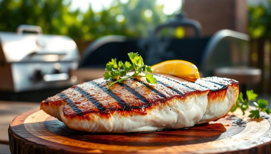 A beautifully grilled swordfish steak, glistening with a light char and perfect grill marks, sits prominently on a rustic wooden plate. The fish is garnished with bright green herbs and a slice of lemon, adding a pop of color. In the background, a softly blurred outdoor BBQ grill hints at a sunny day, with vibrant green foliage framing the scene. The lighting is warm and inviting, suggesting a late afternoon golden hour, casting subtle shadows that enhance the textures of the fish. The composition focuses on the swordfish in the foreground, inviting viewers to appreciate the details of its sear and juiciness, evoking a sense of delicious anticipation and a summer cookout atmosphere.