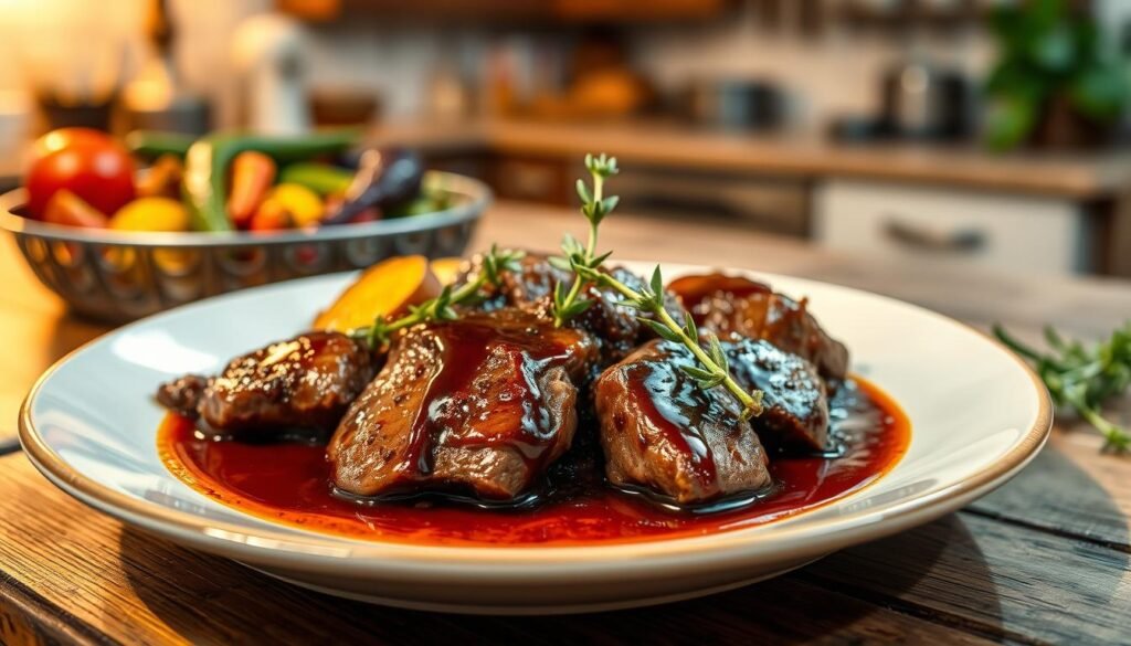 A beautifully plated dish of Italian style liver, featuring tender beef liver sautéed with a rich Marsala wine sauce, drizzled with balsamic reduction, and garnished with fresh thyme sprigs. In the foreground, the liver is the star, glistening with a flavorful glaze and served on a rustic wooden table. The middle ground showcases a delicate arrangement of roasted seasonal vegetables, adding vibrant colors such as deep greens and rich reds. The background fades into a softly lit Italian kitchen, with warm light illuminating the scene, creating an inviting and cozy atmosphere. The focus is sharp on the liver, with a shallow depth of field to gently blur the surroundings, emphasizing the dish's appealing textures and colors.