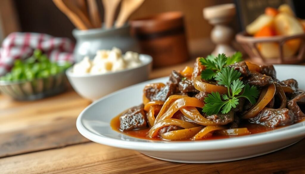 A beautifully plated dish of tender beef liver sautéed with caramelized onions, drizzled with rich brown gravy, served on a rustic wooden table. In the foreground, focus on the glossy texture of the liver and the vibrant golden-brown onions that glisten in the light. The plate should be garnished with fresh parsley for a pop of color. In the middle ground, include a small bowl of creamy mashed potatoes and a side of green peas to enhance the Southern comfort feel. In the background, softly blurred farmhouse decor, such as wooden utensils and a faded checkered tablecloth, sets a warm, inviting atmosphere. Use soft, natural lighting to create a cozy, home-cooked vibe, captured from a slightly elevated angle to showcase the dish’s inviting presentation.
