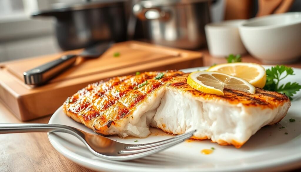 A beautifully plated pan-seared swordfish steak, showcasing its golden-brown crust and juicy, tender center. The fish is garnished with fresh herbs, such as parsley and lemon wedges, that enhance its vibrant appearance. In the foreground, the focus captures the texture of the fish, highlighting the grill marks and the glazed surface reflecting soft kitchen lighting. In the middle ground, a wooden cutting board with knife and fork set elegantly beside the plate complements the culinary setup. The background is softly blurred, hinting at a cozy kitchen ambiance with out-of-focus pots and pans. The warm, inviting atmosphere evokes a home-cooked feeling, inviting the viewer to experience the deliciousness of freshly prepared swordfish.
