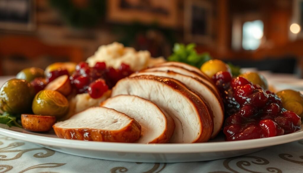 A beautifully plated serving of moist, boneless turkey breast is the focal point of the image, glistening from a light glaze. The turkey is sliced into thick, succulent portions, showcasing its juicy interior. Surrounding the turkey, an array of vibrant, seasonal sides adds a colorful contrast: buttery mashed potatoes, roasted Brussels sprouts, and a vibrant cranberry sauce. The foreground includes a soft, elegantly embroidered tablecloth that enhances the dish's appeal. In the background, a softly blurred, rustic dining setting with warm lighting creates an inviting atmosphere. A gentle overhead light casts a warm glow, emphasizing the richness of the food. The angle is slightly elevated, providing a clear view of the main dish and its delightful accompaniments, inviting the viewer to enjoy a hearty meal.