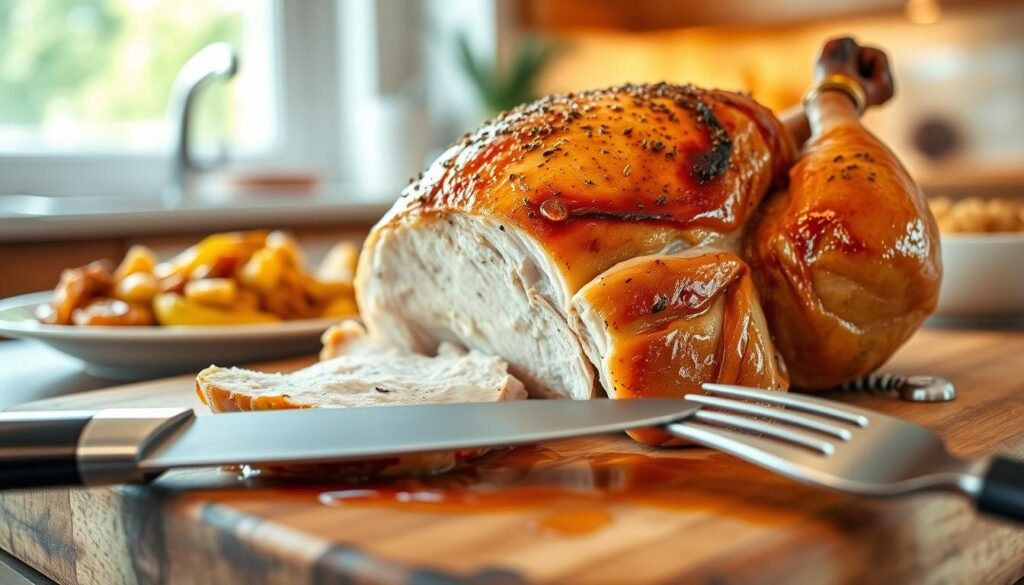 A beautifully roasted boneless turkey breast, golden brown and glistening, resting on a rustic wooden cutting board. The skin shows a crispy texture with herbs and spices lightly dusted on top, while juices can be seen pooling around it. In the foreground, a sharp carving knife and fork await for slicing, emphasizing the succulent meal. The middle ground features garnished sides, such as roasted vegetables and stuffing, showcasing a warm, inviting Thanksgiving-style setting. In the background, a soft-focus kitchen ambiance with warm light streaming through a window creates a cozy atmosphere. The image captures a close-up view at a slight angle to highlight the juiciness and tenderness of the turkey, evoking a sense of home-cooked comfort.