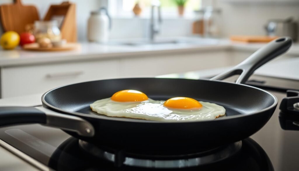 A close-up of a high-quality, non-stick frying pan set on a modern, clean kitchen stovetop, with a focus on the smooth, glossy surface reflecting soft kitchen lighting. In the foreground, there are two perfectly cooked over-easy eggs, their yolks glistening with a golden hue, surrounded by a light coating of melted butter. In the middle, a kitchen utensil, such as a spatula, rests nearby, showcasing the tools used for flipping the eggs. The background features blurred elements of the kitchen, such as ingredients on a counter and a window with natural light streaming in, creating a warm and inviting atmosphere. The overall mood is one of culinary perfection and simplicity, emphasizing the essential equipment for making the best over-easy eggs.