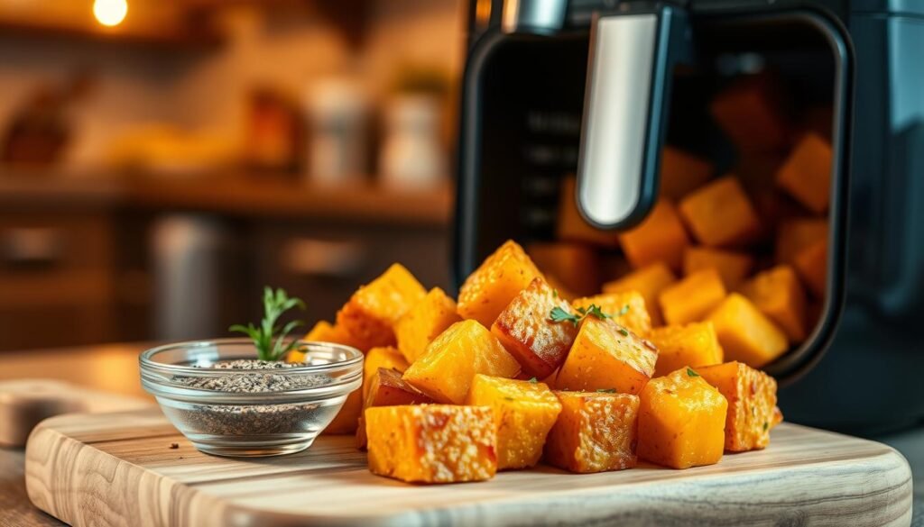 A close-up shot of golden-brown, perfectly air-fried sweet potato cubes, glistening with a light coating of olive oil and herbs. In the foreground, a rustic wooden cutting board holds a small bowl of seasoning and fresh herbs, adding a pop of color. The middle ground features the air fryer, sleek and modern, with the door slightly ajar, showcasing the delicious sweet potatoes inside. The background is softly blurred, hinting at a kitchen setting with warm, ambient lighting that evokes a cozy, inviting atmosphere. Capture the image from a slightly elevated angle to emphasize the texture and juiciness of the sweet potatoes, creating a mouthwatering visual perfect for illustrating the cooking process.