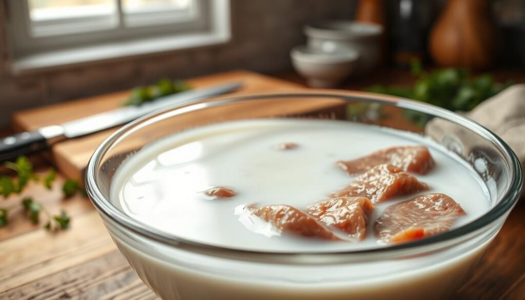 A close-up view of a glass bowl filled with a creamy milk soak, showcasing tender beef liver marinating. The milk should appear slightly frothy, with soft ripples on the surface. In the foreground, a few slices of raw liver should be submerged in the milk, their edges slightly curling. The middle ground features a wooden cutting board with a sharp knife and fresh herbs scattered around, hinting at the preparation process. In the background, a rustic kitchen counter adds warmth, bathed in soft, diffused natural light that enhances the textures. Capture an inviting, calm atmosphere that emphasizes the care involved in preparing the dish. Use a shallow depth of field to focus on the bowl and liver while softly blurring the background elements.