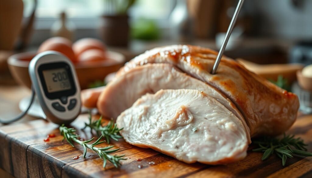 A close-up view of a perfectly cooked boneless turkey breast on a rustic wooden cutting board, with a sleek digital meat thermometer inserted into the thickest part of the meat, reading an ideal internal temperature. The focus is on the succulent turkey, glistening with a light glaze, surrounded by fresh herbs like rosemary and sage. In the background, a softly blurred kitchen setting hints at cozy home cooking, with warm, inviting lighting that casts gentle shadows. Capture the mouthwatering texture of the turkey's surface with a shallow depth of field, emphasizing the tender juiciness. The atmosphere is warm and homely, evoking the delightful anticipation of a meal about to be enjoyed with family.