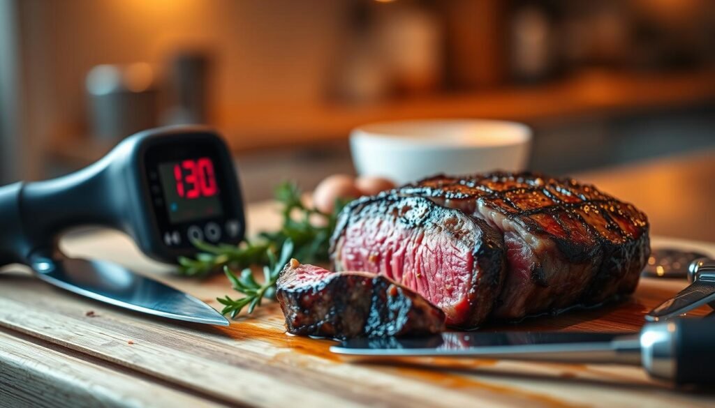 A close-up view of a perfectly seared filet mignon on a cutting board, glistening with juices and rich color, surrounded by a digital meat thermometer displaying an ideal internal temperature of 130°F for medium-rare. The foreground features the steak sliced open, revealing a warm pink center. In the middle ground, fresh herbs like rosemary and thyme are artfully arranged beside the steak, while a luxurious knife and fork rest nearby, hinting at an elegant dining experience. The background is softly blurred to suggest a modern kitchen setting, with warm, ambient lighting that creates a cozy atmosphere. The image captures the essence of gourmet cooking, inviting viewers to feel the professionalism of a steakhouse chef's approach to doneness and precision in cooking.