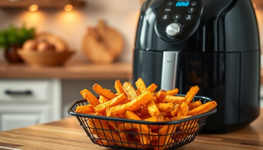 A close-up view of an air fryer basket showcasing best practices for cooking sweet potatoes. The foreground features a basket filled with perfectly cooked, golden-brown sweet potato fries, with some fried pieces slightly overlapping to highlight their crispy textures. In the middle, an air fryer sits stylishly on a wooden kitchen countertop, with its digital display panel slightly glowing, suggesting it's in use. The background features a blurred kitchen setting, with warm ambient lighting adding a cozy feel, complemented by rustic decorations like a bowl of whole sweet potatoes and fresh herbs. The composition is engaging and informative, inviting viewers to learn about efficient cooking techniques with a homely atmosphere.