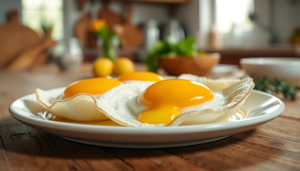 A close-up view of perfectly cooked over-easy eggs, showcasing the edges with a delicate, crispy white and a vibrant, intact golden yolk in the center. The eggs are placed on a pristine white plate, situated on a rustic wooden kitchen table. The scene is illuminated by soft, natural light coming in from a nearby window, creating a warm and inviting atmosphere. In the background, a subtle blur of kitchen utensils and herbs hints at a well-equipped cooking space, enhancing the focus on the eggs. The angle is slightly above eye level, providing a clear view of the yolk's shine. The overall mood is cozy and homely, prompting a sense of culinary warmth and comfort.
