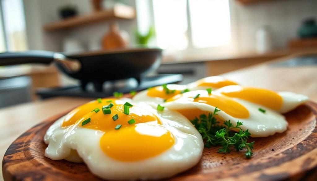 A close-up view of perfectly cooked over-easy eggs, showcasing their vibrant yellow yolks, slightly glistening with a light sheen of butter. The eggs are arranged on a rustic wooden plate alongside fresh herbs, such as finely chopped chives and parsley, creating a pop of color. In the background, a gentle soft-focus of a modern kitchen with natural light streaming in through a window, emphasizing a warm and inviting atmosphere. The lighting is bright yet soft, casting delicate shadows to enhance the textures. A frying pan, slightly out of focus, can be seen on a nearby countertop, indicating the cooking process. The overall mood is cozy and appetizing, ideal for conveying cooking techniques and variations in doneness.