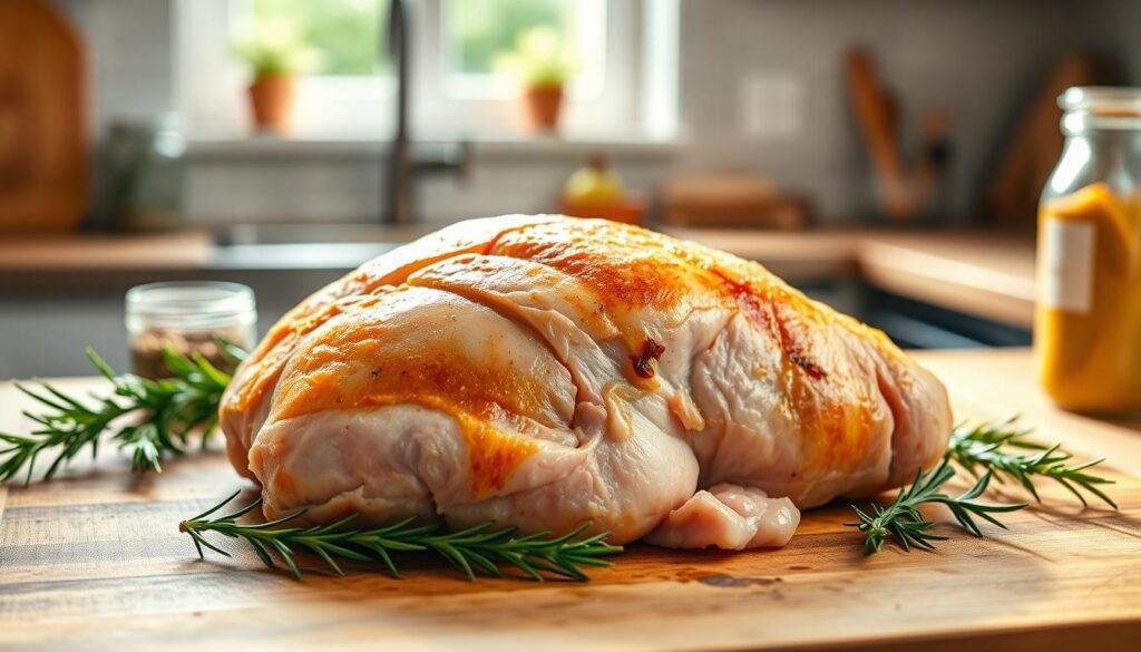 A finely presented boneless turkey breast, showcasing both skin-on and skinless variations, is prominently displayed on a rustic wooden cutting board in the foreground. The turkey breast, with its golden-brown, crispy skin and moist, succulent meat, glistens under warm, natural lighting that creates inviting reflections. Surrounding the turkey are fresh herbs like rosemary and thyme, enhancing its color and texture. In the middle ground, a stylish kitchen setting adds context, with hints of utensils and spices subtly blurred to maintain focus on the turkey. The background features soft, natural light streaming through a kitchen window, imbuing the scene with warmth and a homely atmosphere, evoking a sense of comfort and culinary care. The composition emphasizes the quality of the turkey, inviting viewers to think about selecting the best for cooking.