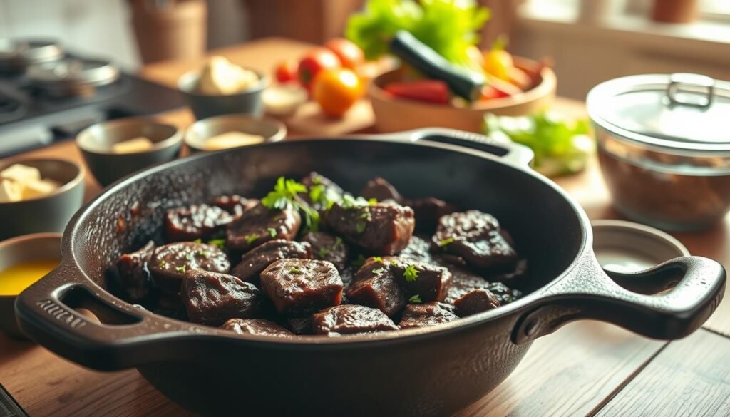 A large, well-seasoned cast iron skillet sits prominently in the foreground, showcasing its glossy surface and rich patina that reflect the warm kitchen light. The skillet is filled with sizzling beef liver, perfectly browned on the outside, with a sprinkle of fresh herbs on top. Surrounding the skillet are small bowls of butter and oil, hinting at the essential fats for cooking. In the middle ground, out of focus, there are additional cooking utensils and vibrant vegetables waiting to be prepared, enhancing the culinary atmosphere. The warm, inviting kitchen setting is softly illuminated by natural light streaming in from a nearby window, creating a cozy and enticing mood. The angle is slightly tilted to capture the skillet's depth, emphasized by a touch of rustic wooden kitchen table surface beneath.