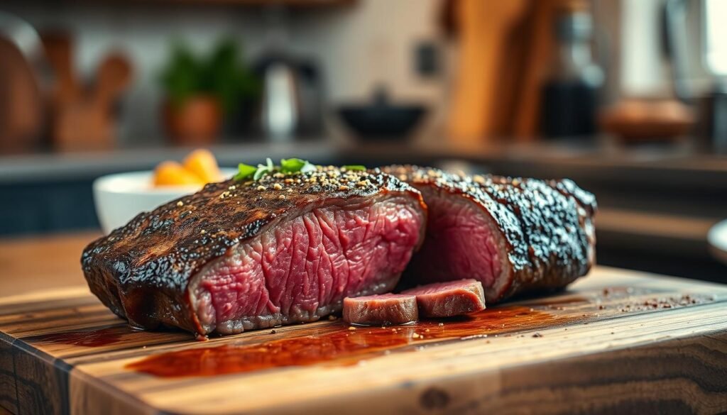 A perfectly cooked filet mignon resting on a rustic wooden cutting board at room temperature, its juicy surface glistening. The steak is sliced open, revealing a tender pink center, surrounded by a sprinkle of fresh herbs and cracked pepper. In the background, a softly blurred kitchen setting with warm, ambient lighting evokes a cozy, inviting atmosphere. The focus is sharp on the steak, utilizing a macro lens effect to capture the rich textures of the meat and the subtle sheen of its juices. A hint of steam rises to suggest warmth, while the natural color palette emphasizes the rich maroon of the steak against the earthy tones of the board and the soft backdrop.