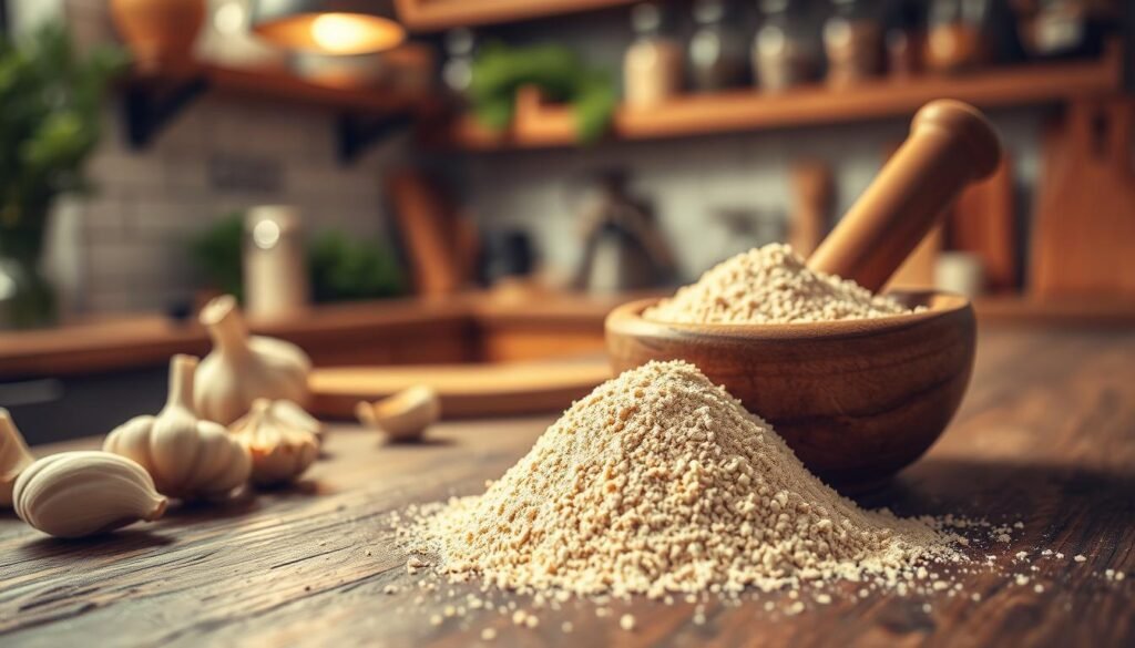 A vibrant close-up of a small wooden dish filled with garlic powder, showcasing its fine, light-brown texture sprinkled gently across the surface. In the foreground, the dish sits on a rustic wooden countertop, with a few whole garlic cloves and a small mortar and pestle nearby, hinting at the preparation process. The middle ground highlights a blurred backdrop of a cozy, well-lit kitchen, with soft, warm lighting that creates an inviting atmosphere. Use a shallow depth of field to emphasize the garlic powder and the dish, while the background features hints of herbs and spices artfully arranged on the shelves. The overall mood is warm and homey, reflecting a love for cooking and flavor experimentation.