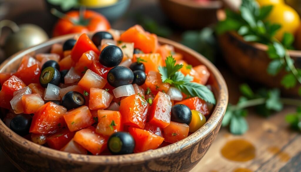 A vibrant, close-up view of a rustic bowl of tomato-olive relish, featuring chunky diced tomatoes, glistening black and green olives, finely chopped red onion, and aromatic herbs like basil and parsley, arranged artfully. The bowl is positioned on a wooden table, with a drizzle of olive oil giving a glossy finish. In the background, there are blurred hints of fresh vegetables and cooking utensils, evoking a cozy kitchen atmosphere. Soft, warm lighting enhances the colors and textures, casting gentle shadows. The lens is focused on the relish, capturing the intricate details of each ingredient, inviting viewers to imagine the fresh flavors. The mood is inviting and appetizing, perfect for enhancing a delicious swordfish dish.