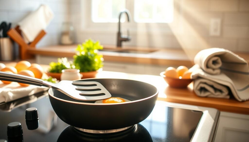 A vibrant kitchen scene featuring a spatula resting on a non-stick pan, perfectly positioned on a stovetop. The spatula has a sleek, metallic design and is angled thoughtfully as if ready for use, with a soft focus on its handle. In the background, gentle sunlight streams through a window, casting warm, inviting rays across the countertop filled with ingredients like fresh eggs, herbs, and a small bowl of seasoning. A kitchen towel is neatly folded nearby, adding a touch of homeliness. The overall atmosphere is bright and encouraging, evoking a sense of confidence for anyone looking to master the art of cooking over easy eggs. The image should have a professional and clean aesthetic.