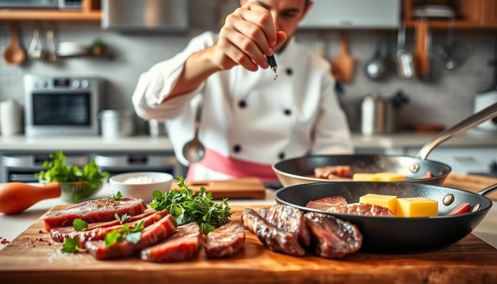 A vibrant kitchen scene showcasing the step-by-step method for cooking beef liver, with the foreground displaying a well-prepared cutting board holding sliced beef liver, fresh herbs, and spices in neat arrangements. In the middle, a skilled chef in a white chef’s coat and apron delicately seasons the liver with salt and pepper, while a skillet with sizzling butter and garlic is visible, emitting tantalizing steam. In the background, modern kitchen appliances and hanging utensils create an inviting atmosphere. Soft, warm lighting highlights the rich textures of the liver and emphasizes the chef's focused expression. The composition captures a blend of culinary art and technique, conveying a warm, inviting kitchen ambiance suitable for cooking.