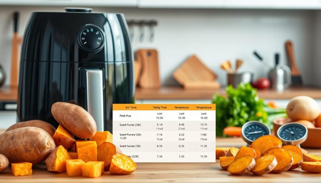 An air fryer set in a bright, modern kitchen, showcasing a clear time and temperature guide for cooking sweet potatoes, presented on a wooden countertop. In the foreground, several sweet potatoes of various sizes—whole, cubed, and sliced—arranged alongside a precision timer and a thermometer for visual reference. The middle section features a beautifully designed table or infographic that illustrates recommended cooking times and temperatures, using appealing colors and organized charts. The background displays kitchen utensils and fresh vegetables, enhancing the atmosphere of a vibrant cooking space. Soft, natural lighting enhances the warm, inviting mood, making it feel like a cozy cooking session. Capture the essence of culinary creativity and precise cooking techniques without any text or distractions.